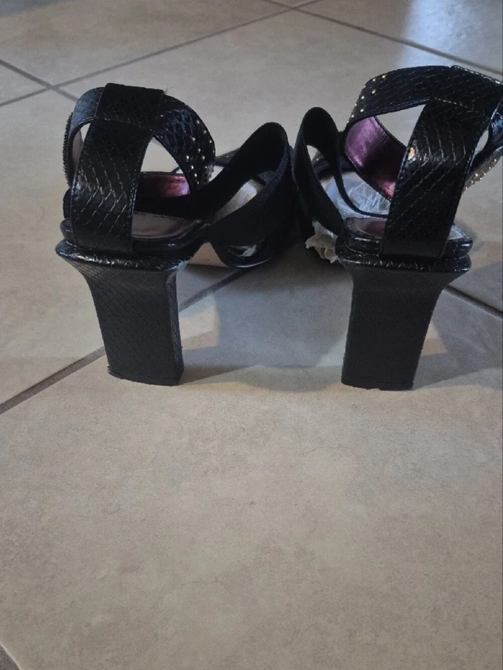 Black Studded Pointed-Toe Elastic Strap Heels
